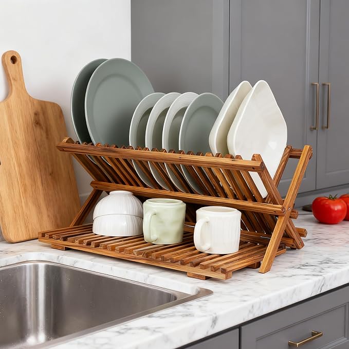 Utoplike Large Teak Dish Drying Rack, Wood Collapsible Organizer for Plates | 3 Tier Kitchen Dish Draine for Countertop, for Pasta Plates, Cups, Pots - Image 5