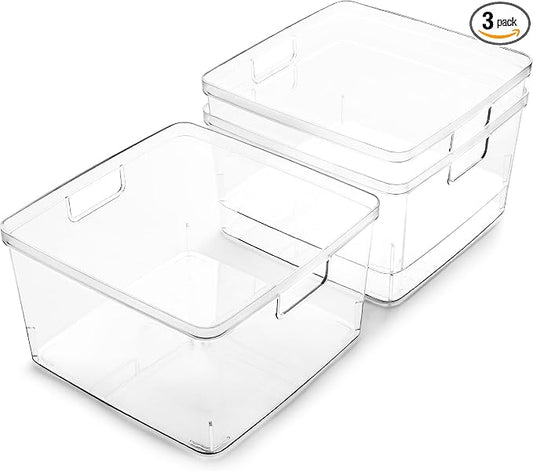 BINO | Plastic Storage Bins, Square - 3 Pack | THE LUCID COLLECTION | Multi-Use Bins | Built-In Handles | BPA-Free | Clear Containers | Fridge Organizer | Pantry & Home Organization by BINO