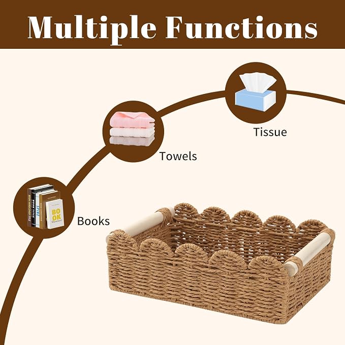 Wicker Storage Baskets, Scalloped Shelf Baskets, 2-Pack | 2 scalloped wicker baskets in large and small sizes; decorative shelf organizers with handles for bathroom and home storage. - Image 3