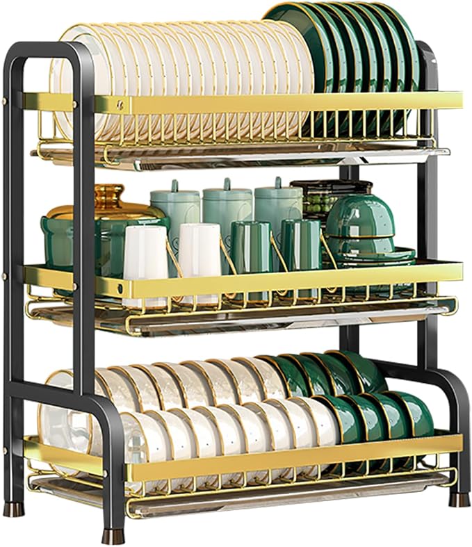 CAKERS Dish Drying Rack with Removable Drain Tray|Carbon Steel Dish Strainers for Kitchen Counter|Tableware Holder Dinnerware Drainer Organizer,Black Gold,3 Tier-Main Shelf by CAKERS