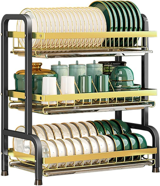 CAKERS Dish Drying Rack with Removable Drain Tray|Carbon Steel Dish Strainers for Kitchen Counter|Tableware Holder Dinnerware Drainer Organizer,Black Gold,3 Tier-Main Shelf by CAKERS