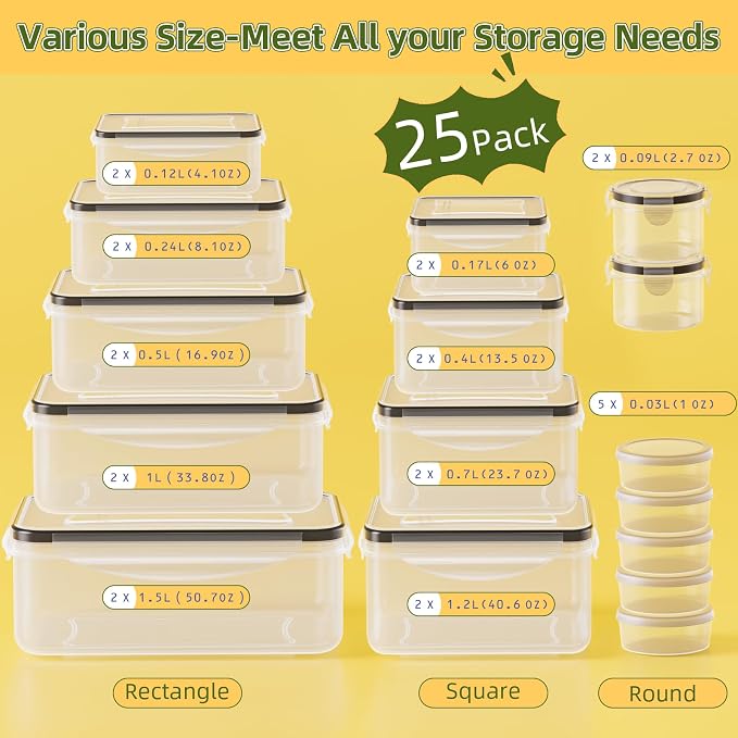 50 PCS Food Storage Containers with Lids Airtight (25 Lids & 25 Containers)- Reusable Plastic Leakproof Meal-Prep Container for Kitchen Storage Organization Microwave/Dishwasher Safe with Labels & Pen - Image 2
