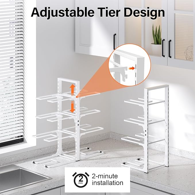 MUDEELA 8-Tier Heavy Duty Pots and Pans Organizer for Cabinet, 20.8"H White | Adjustable heavy-duty pot rack, Holds big stockpots and cookware, Fits under cabinet or on countertops, Easy Assembly - Image 5
