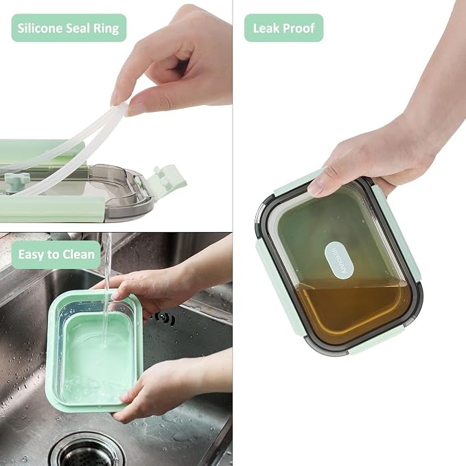 Collapsible Food Storage Containers with Lid & Air Vent, Clear Stacking Silicone Collapsible Food Container Set, Microwave Freezer Dishwasher Safe Space-Saver, Set of 4, Mint Green - Image 8