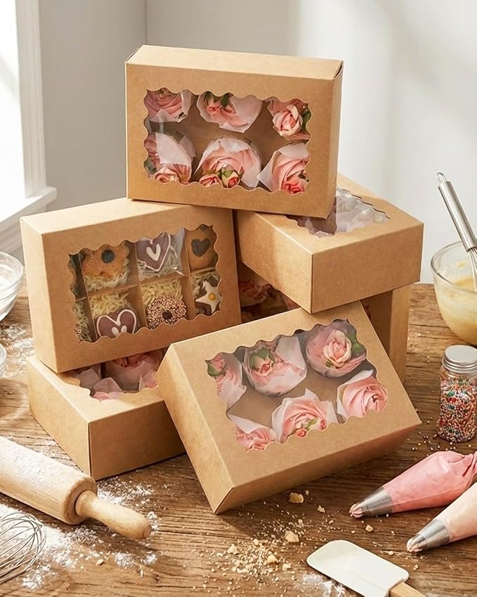 qiqee Auto-pop Up Cupcake Boxes with Window Brown 100PCS 6 Count Cupcake Box 9.4"x6.1"x3" Cupcakes Carrier, 6 Cupcake Containers - Image 7