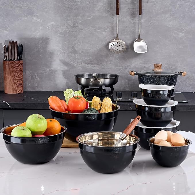 Black Mixing Bowls With Airtight Lids,Stainless Steel Bowl,Salad Bowls 7 Piece Colorful Nesting Bowl Black Kitchen Accessories,Size 7,3.6,2.7,2.1,1.5,1.1,0.8QT Stackable Design - Image 8