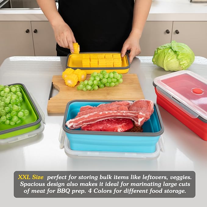 Extra Large Collapsible Food Storage Containers with Lid & Air Vent, 81 oz, 4 Pack, XXL Collapsible Marinade Container BBQ Prep Foldable Silicone Containers, Microwave Freezer Dishwasher Safe - Image 2