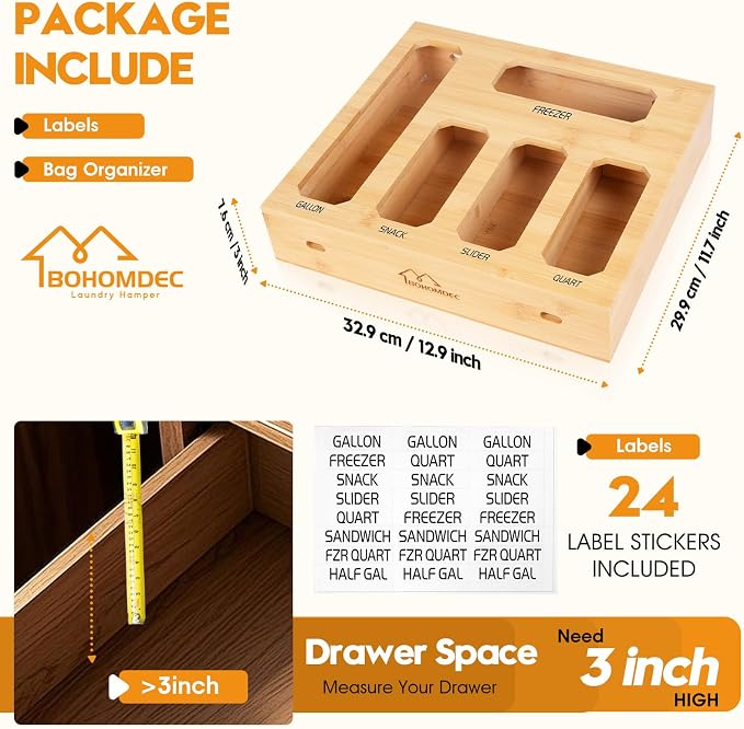 Bamboo Ziplock Bag Organizer for Kitchen Drawer, Food Storage Baggie Holder with 24 Label Stickers, Fits Gallon Quart Sandwich Snack Freezer & Slider Bags, No Assembly, Wall Mount or Drawer - Image 3