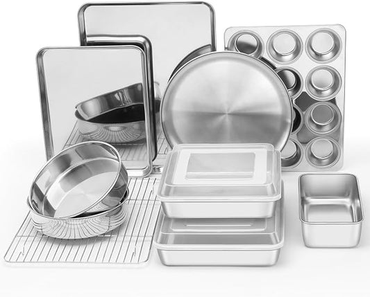 E-far 12-Piece Bakeware Sets, Stainless Steel Baking Pan Set Includes Cookie Sheet, Round Square Rectangle Cake Pans with Lids, Multi-Functional for Loaf Muffin Pizza, Non-toxic & Dishwasher Safe by E-far