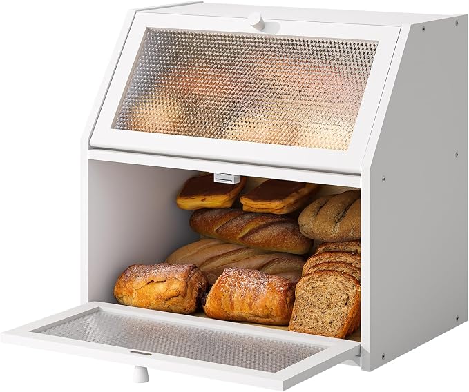 STDDRE Bread Box for Kitchen Countertop Bin Double Layer Bread Box Storage Container Extra Large Capacity with Diamond Pattern Windows (White, Extra Large) by LifeTakesaDifferentTurn