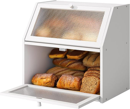STDDRE Bread Box for Kitchen Countertop Bin Double Layer Bread Box Storage Container Extra Large Capacity with Diamond Pattern Windows (White, Extra Large) by LifeTakesaDifferentTurn