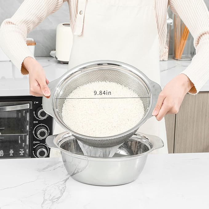 Paoli 304 Stainless Steel Fine Mesh Colander Set, 3.5QT Large Capacity Strainer with Mixing Bowl — Rinse Fruits, Veggies, Rice & Drain Pasta, Dishwasher Safe (2-Piece) - Image 2