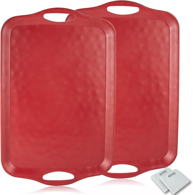 ECOIOU 20x13 inch Extra Large Serving Tray with Handles, Set of 2, Red | Melamine Platters for Serving Food, Turkey, Cookie, Rectangular Trays for Eating, Raised Dots Matt Finished, Dishwasher Safe by Ecoiou