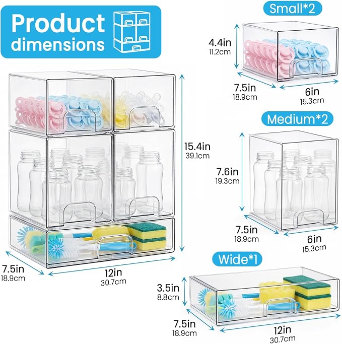 Bottle Storage Organizer Baby, Clear Stackable Storage Drawers Set for Baby Bottle, Beauty Supplies Storage, Ideal for Countertop, Vanity, Bathroom, Cabinet, Pantry Organization, 15.4" H, 5 Pack - Image 3