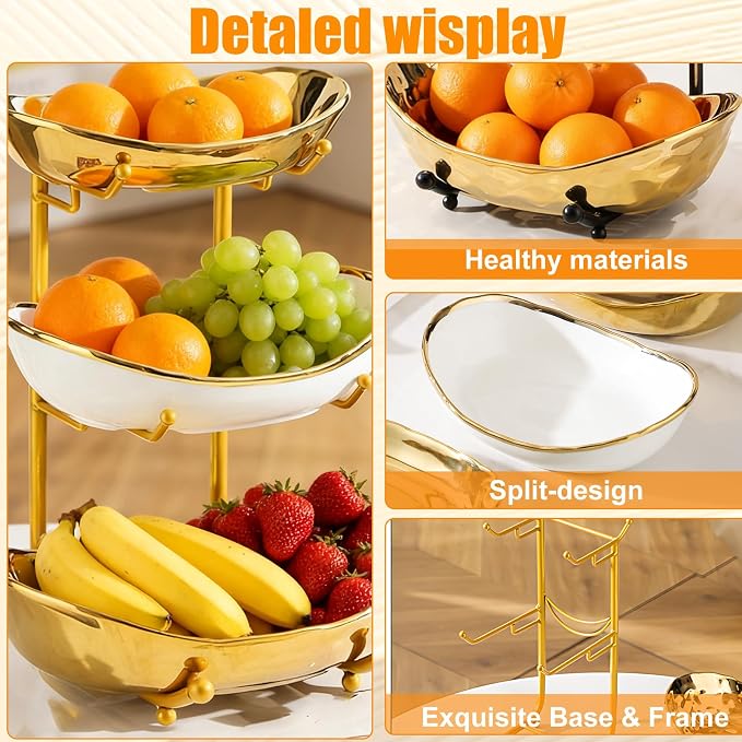 3 Tier Fruit Bowl for Kitchen Counter,Ceramic Bowl with Gold Metal Stand,3 Tier Fruit Basket for Vegetable Bread Candy Snack Nuts Dessert Cake Tray (Gold) - Image 4