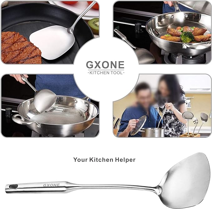 Wok Spatula,Stainless Steel,Long Handle Wok Utensils,Silver/14.7Inch | chinese spatula,for cooking,cooking utensils,for Metal wok/cast iron pan - Image 4