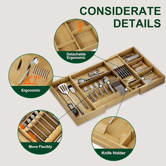 Bamboo Silverware Drawer Organizer, 17.72-29.53 Inch Expandable Large Kitchen Drawer Organizer, 5-8 Slot Flatware with Removable Card Slots & Knife Block for Spoon Butter Knive, Natural - Image 4