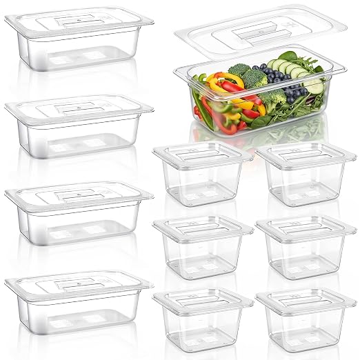 Sliner 10 Pack Plastic Clear Food Pans with Lids, Stackable and Freezer Safe Commercial Food Storage Containers for Fridge Salad Polycarbonate(4" 1/3+1/6 Set) by Sliner