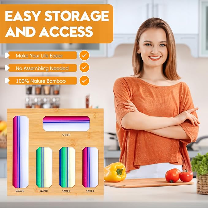Bamboo Ziplock Bag Organizer for Kitchen Drawer, Food Storage Baggie Holder with 24 Label Stickers, Fits Gallon Quart Sandwich Snack Freezer & Slider Bags, No Assembly, Wall Mount or Drawer - Image 6