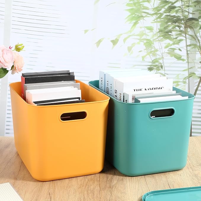 8 Pieces Colorful Storage Bins with Lid, Plastic Storage Basket Organizing Container Stackable Box with Handle for Shelves Desktop Playroom Office(14.2 x 10.2 x 9.5 Inch,Green and Yellow) - Image 4