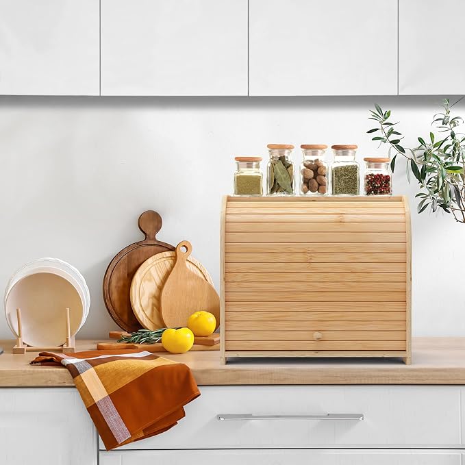 Bamboo Bread Box Roll Top for Kitchen Countertop Breadbox Storage | Roll Top Bread Box with Sliding Lid,Large Double Layer with Adjustable Middle Shelf - Image 2
