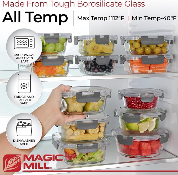 Magic Mill Premium Borosilicate Glass Food Storage Containers with lids Set | 24pc Sets with 12 Bowls & 12 Airtight Locking Lids for Lunch & Meal Prep, Safe for Oven, Freezer, Dishwasher, BPA-Free - Image 2