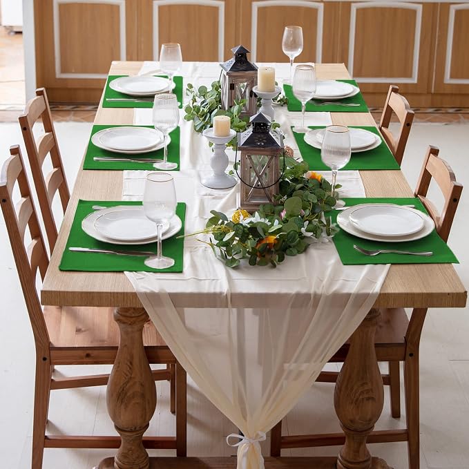 Cloth Green Placemats Set of 8, Linen Type Fabric Placemats Machine Washable Heat Resistant Placemats Polyester Place Mats for Halloween, Thanksgiving and Christmas Dining Table (Forest Green) - Image 2