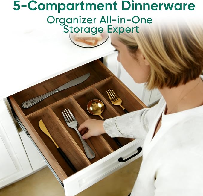Acacia Wood Silverware Drawer Organizer, 5-Compartment Cutlery Tray | Fixed 10.08 x 13.78 x 1.97 in acacia wood tray with 5 compartments, reinforced base, and four anti-slip corner pads - Image 4