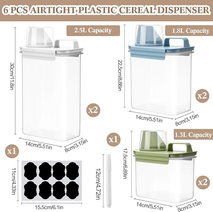 LemonRoad 6 Pcs Cereal Container Organizer Sets, 1.3L & 1.8L & 2.5L, Airtight Plastic Kitchen Organizer Bin with Lids, Dry Food Storage for Pet Food, Rice, Oatmeal, Sugar Dispenser - Image 2