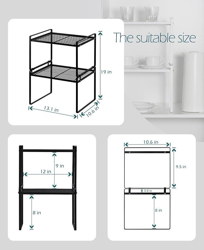 Shantton Cabinet Shelf Organizer, Pantry Shelf Rack, Black 13.1x10.6x9.5 | 2-Pack Stackable Metal Riser Holds 40LBS with Non-Slip Feet for Kitchen Pantry Bathroom Countertop Freezer Cupboard - Image 3
