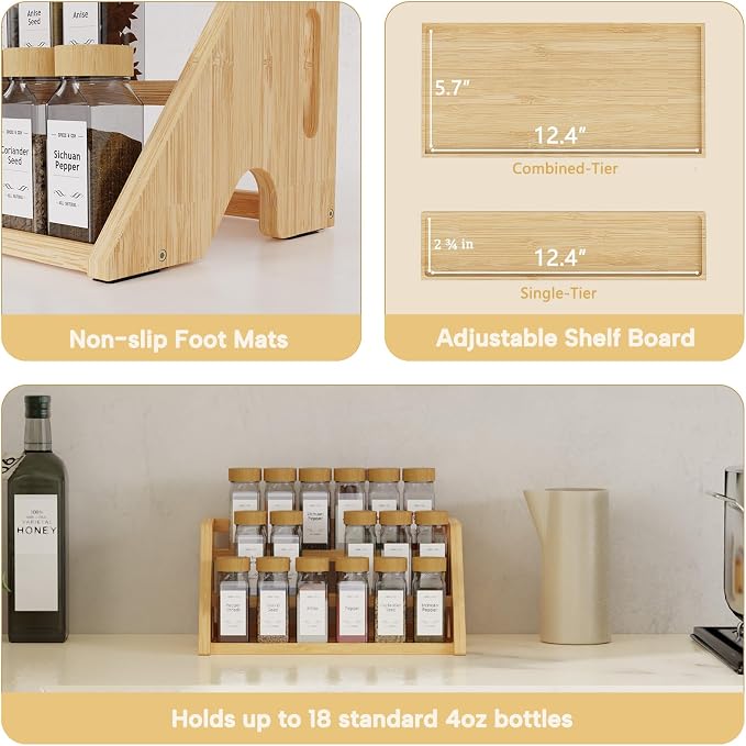 Bamboo Spice Rack Organizer -3-Tier Spice Rack for Countertop,Cabinet Spice Rack Organizer for 18 Spice Jars(4oz)，Step Shelf(Yellow) - Image 6