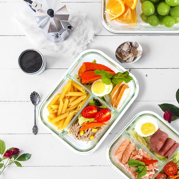 Bayco 8 Pack Glass Meal Prep Containers 3 Compartment, Glass Food Storage Containers with Lids, Airtight Lunch Bento Boxes, Leak Proof (8 lids & 8 Container) - Grey - Image 7
