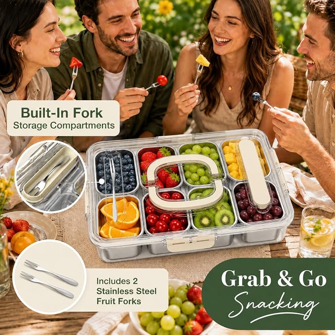 Snackle Box Container, Stainless Steel Divided Serving Tray with Lid, Handle and Forks - Image 4