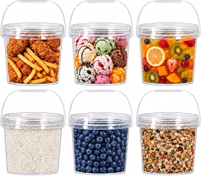 6 Pack 1 Gallon Food Grade Plastic Buckets with Screw Lids & Handle, Reusable Storage Containers for Snacks, Salad, Sauce - Clear Freezer Safe Bucket Set (Transparent) by UMETASS