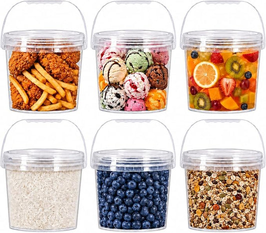 6 Pack 1 Gallon Food Grade Plastic Buckets with Screw Lids & Handle, Reusable Storage Containers for Snacks, Salad, Sauce - Clear Freezer Safe Bucket Set (Transparent) by UMETASS
