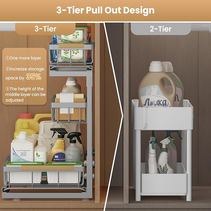 Under Sink Organizer and Storage for Bathroom and Kitchen - 2 Pack 3 Tier Cabinet Pull Out Shelf Organizers - Slide Out Drawer Organization for Home Cabinets Shelves and Drawers - Image 4