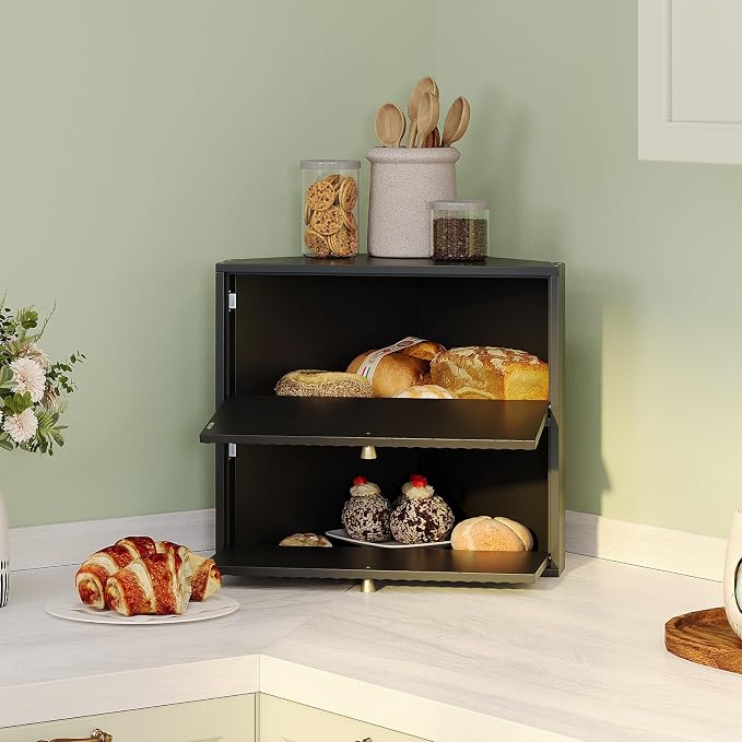 Trironsun Corner Bread Box for Kitchen Countertop Bamboo Two Layer Large Capacity Bread Storage Bin Vintage Storage for Homemade Bread (Black) - Image 2