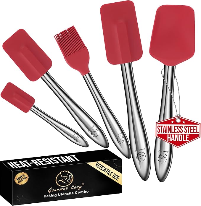 Gourmet Easy 5pcs Silicone Spatula Set with Stainless Steel Handles - Red | Heat-Resistant Silicone Protects Nonstick Cookware, Ergonomic Handles Offer Firm Control, Dishwasher Safe, 5-Year Warranty by GourmetEasy