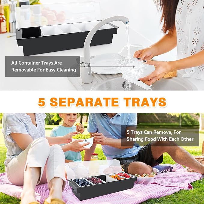 Chilled Condiment Caddy Server With Lid 5 Compartment Garnish Tray | Plastic Condiment Container Garnish Tray For Bartenders,Bar Condiment Fruit Caddy With Lid And Removable Trays - Image 3