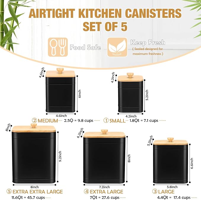 5 Pcs Black Kitchen Canisters for Countertop with Labels Airtight Metal Containers Coffee Tea Sugar Flour Jars with Spoon Farmhouse Big Food Storage Set for Kitchen - Image 2