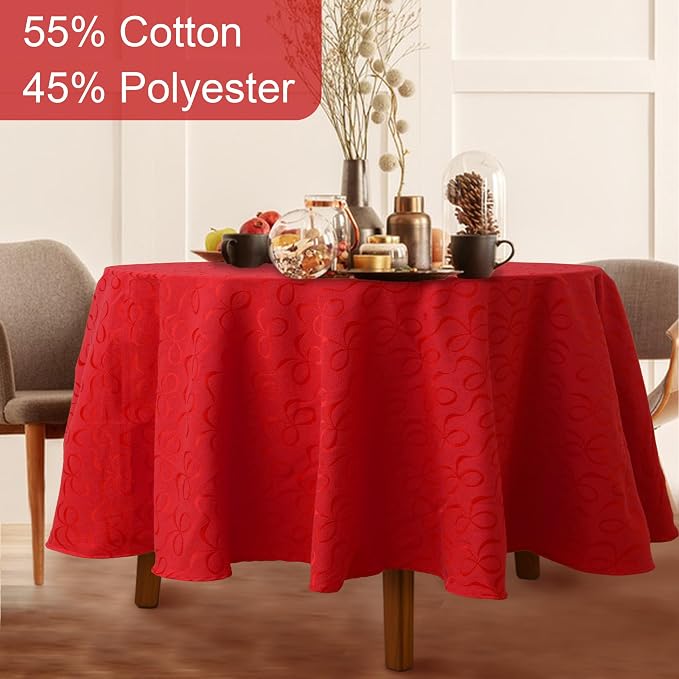 VOOVA & MOVAS Red Round Tablecloth 70" (Seat 4-6), Reusable Table Cloth for 5ft Circle Table, Polyester-Cotton, Washable, 1PC Celebration Holiday Tablecloth with Bow Jacquard - Image 5