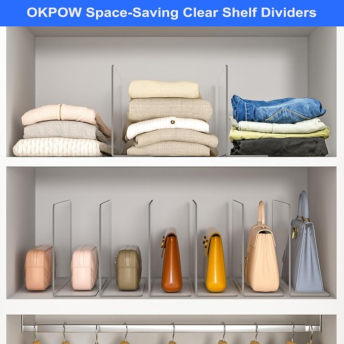 OKPOW Shelf Dividers Closet Organizer - 7.5" Tall X 11.8" Deep Acrylic Clear Sturdy Separate for Clothes Purse - Adjustable Space Saver Easy Install for Home Organization Enthusiasts 8 Pack - Image 5