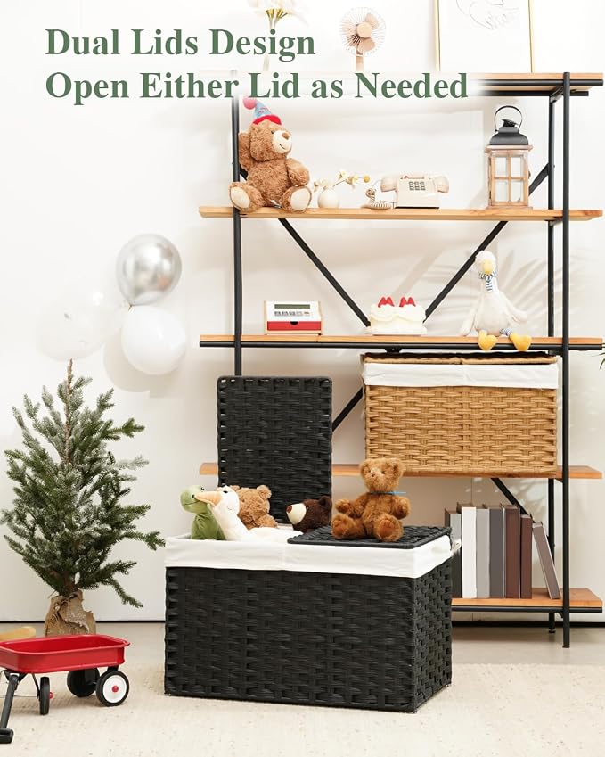 SETVSON Storage Basket with Lid PE Rattan Storage Basket 105L, Black | 27.8 Gallon Storage Bin with 2 Separate Lids, 2 Removable Liners for Clothes & Blankets, Sturdy Metal Frame, PE Rattan - Image 5