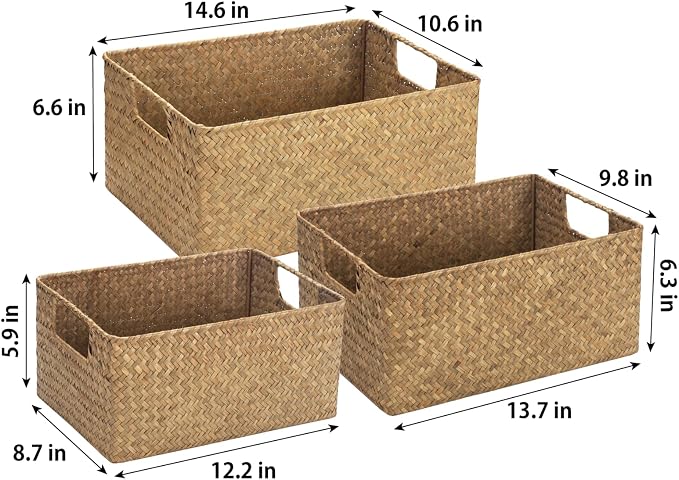 YANGQIHOME Wicker Baskets, [Set of 3] Woven Baskets for Storage, Seagrass Storage Baskets for Organizing with Built-in Handles, Open Storage Bins, Multisize, Natural - Image 2
