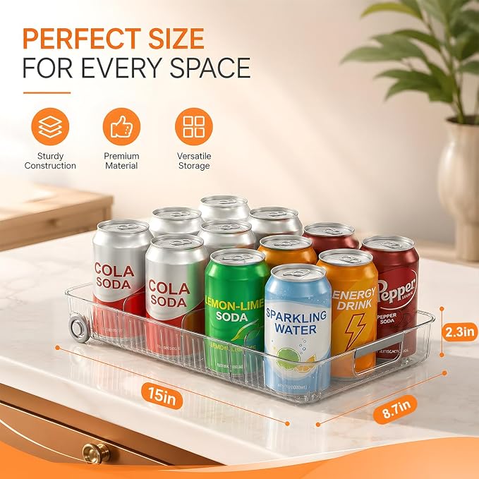 2 Pack Profile Fridge Organizer Bins with Wheels, 2.3'' Low Clear PET Roll Out Refrigerator Trays with 4 Dividers for Soda Cans, Drinks, Snacks and Pantry - Image 2