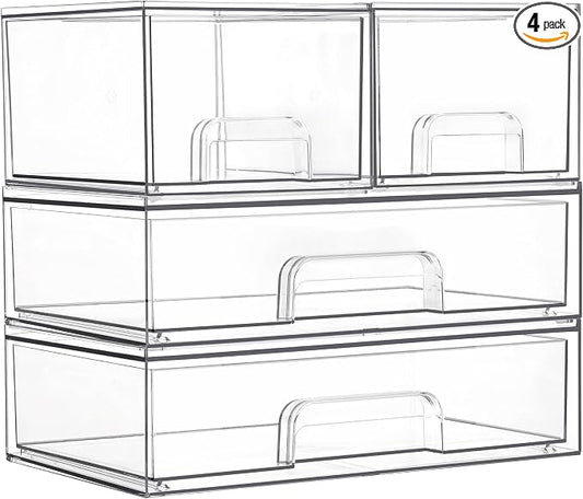 Vtopmart Stackable Storage Drawers Set of 4, Clear Plastic Organizer Bins for Bathroom Supplies,Ideal for Cabinet,Pantry,Laundry Room Organization by Vtopmart