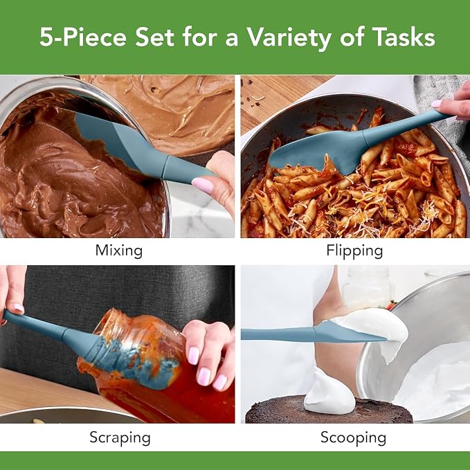 Tovolo Flex Core 5 Piece Silicone Spatula Set Heat Resistant All Silicone Utensils Include Non Stick Spatula Spoonula Jar Scraper, Dishwasher Safe BPA Free Spatulas for Baking Mixing, Blue Slate - Image 2
