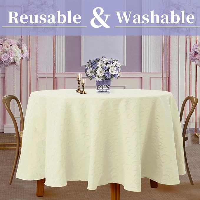 Cream Round Tablecloth 70 Inch (4-6 Seat) - Cotton Polyester, Wrinkle/Fade Resistant, Reusable - Luxury Jacquard Table Cloth - 1PC Circle Table Cover for Dining, Wedding & Birthday Party, Cream Bows - Image 2