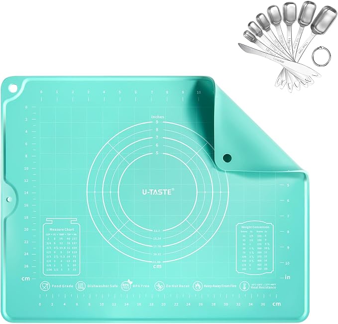 U-Taste 16"x20" Food-Grade Liquid Silicone Pastry Mat with Clear Measurement, and 18/8 Stainless Steel Square Measuring Spoons Set of 8 (Aqua Sky+Silver) by U-Taste