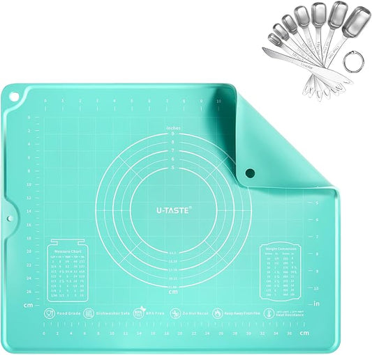 U-Taste 16"x20" Food-Grade Liquid Silicone Pastry Mat with Clear Measurement, and 18/8 Stainless Steel Square Measuring Spoons Set of 8 (Aqua Sky+Silver) by U-Taste